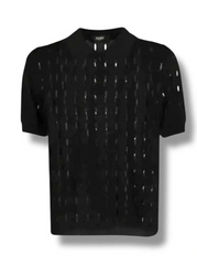 Black t-shirt with geometric pattern on a white background