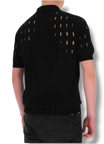 Black polo shirt with white patterns on a plain background
