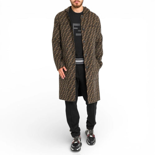 Fendi FF Men's Monogram Print Reversible Wool Hooded Coat