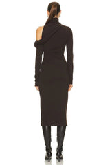 Woman wearing a black one-shoulder dress on a white background