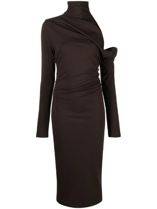 Brown dress with long sleeves and a draped design on a white background