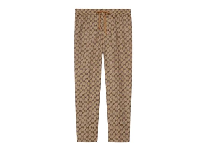 Beige patterned pants with drawstring on a white background