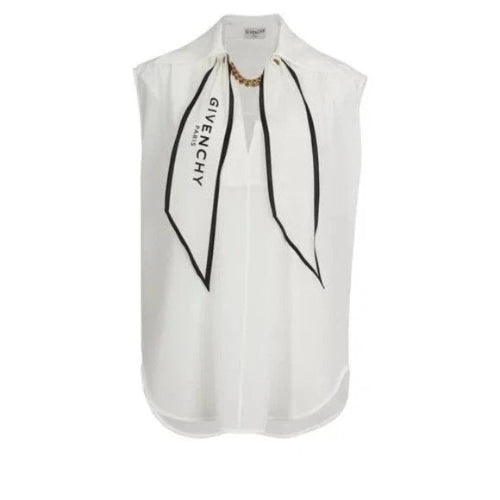 White sleeveless blouse with black accents and Givenchy branding on a white background