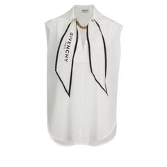 White sleeveless blouse with black accents and Givenchy branding on a white background