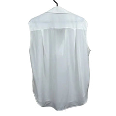 White sheer sleeveless blouse on a hanger against a plain background