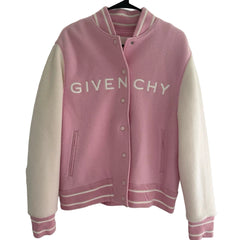 Pink and white Givenchy jacket on a hanger against a white background
