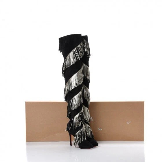 Christian Louboutin Bolcheva 120 Black Gold Fringe Thigh High Boot