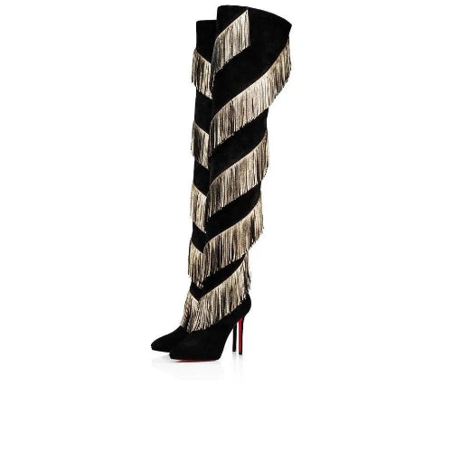 Christian Louboutin Bolcheva 120 Black Gold Fringe Thigh High Boot