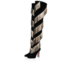 Christian Louboutin Bolcheva 120 Black Gold Fringe Thigh High Boot