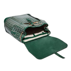 Green textured backpack with a white interior on a light gray background
