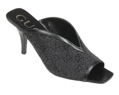 Black high-heeled sandal with glittery texture on a white background
