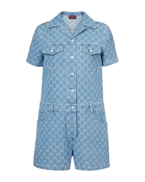 Blue denim romper with brand logo on a white background