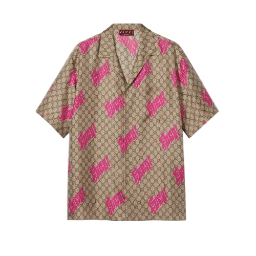 Beige shirt with pink Gucci logo pattern on a light gray background