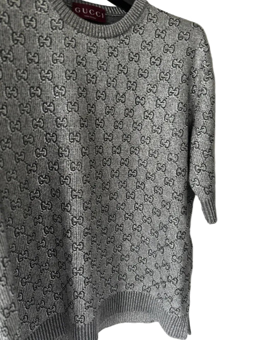 Gray sweater with Gucci logo pattern on a white background