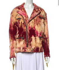 Colorful jacket with studded details on a mannequin against a white background