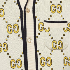 Close-up of a cardigan with a pattern of 'GG' logos on a white background