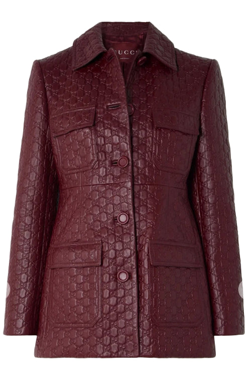 Maroon textured coat with button details on a white background