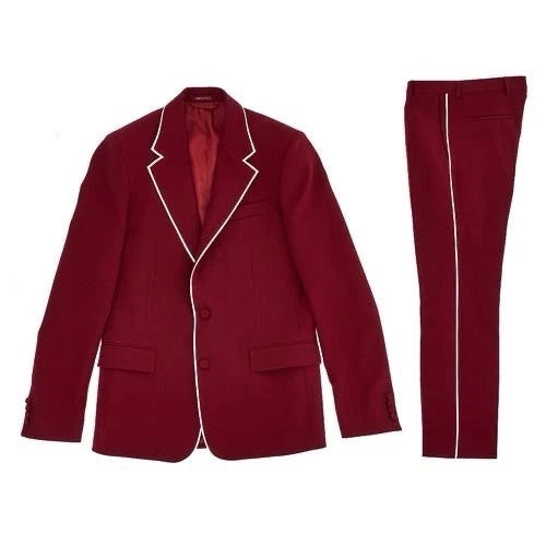 Maroon suit with white piping on a white background