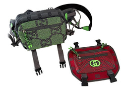 Two Gucci bags, one green and one red, on a marble surface.