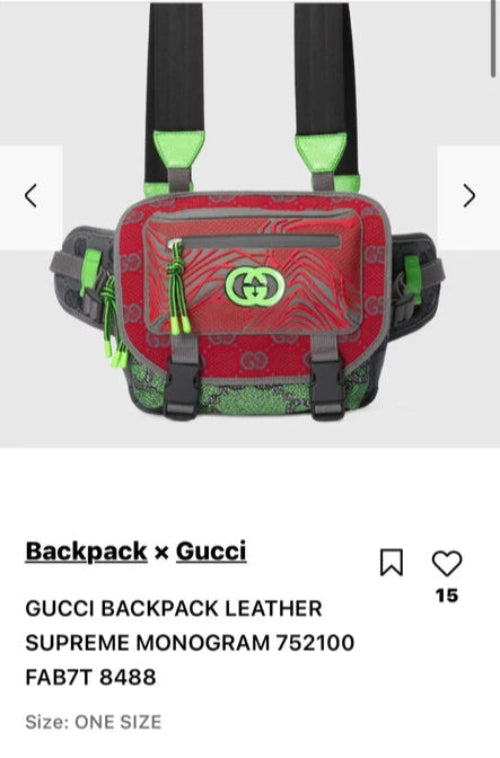 Red and green backpack with Gucci logo on a shopping app interface