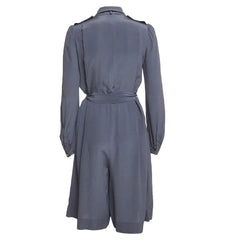 A slate blue long-sleeve romper with a matching waist belt, shown from the back against a light gray background.
