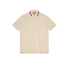 Beige patterned polo shirt on a light gray background