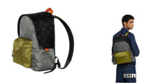 Multicolored backpack with a person wearing it on a white background