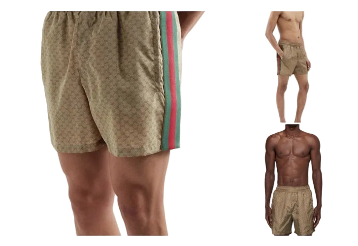 Collage of beige shorts with green and red stripes worn by a person on a light gray background.