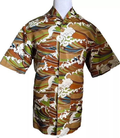 Short-sleeve shirt with a colorful wave pattern on a white background