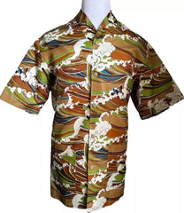 Short-sleeve shirt with a colorful wave pattern on a white background