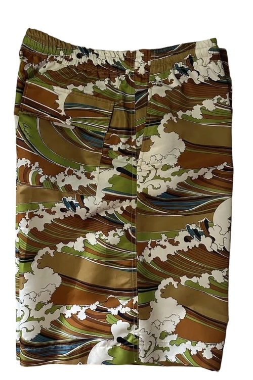 Patterned shorts with brown, green, and white design on a plain background