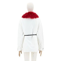 White coat with red fur collar on a mannequin against a white background