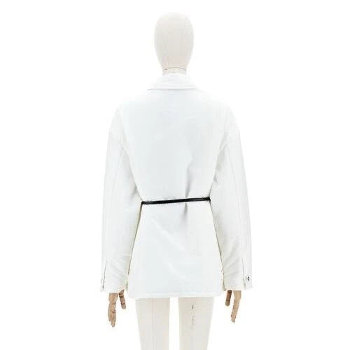 White blazer on a mannequin against a white background