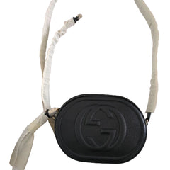 Black round bag with a logo on a white background