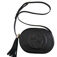Black round crossbody bag with a brand logo on a white background