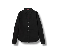 A black long-sleeve button-up shirt with two chest pockets, displayed flat against a white background.