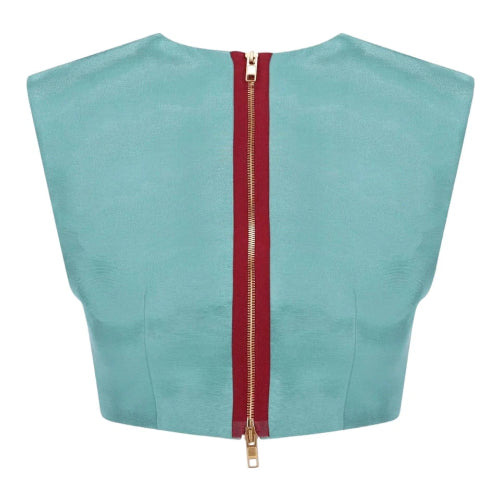 Light blue top with a red zipper on a white background