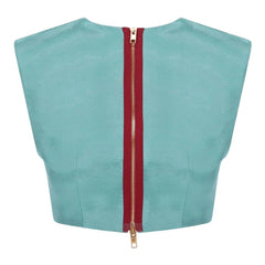 Light blue top with a red zipper on a white background