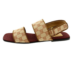 Brown sandal with a patterned strap on a white background
