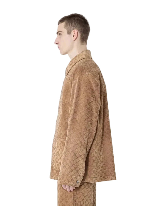 Person wearing a brown coat against a white background