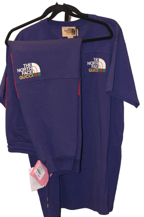 Purple t-shirt with 'The North Face' and 'Gucci' logos on a hanger against a white wall.