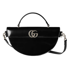 Black handbag with a prominent logo on a white background