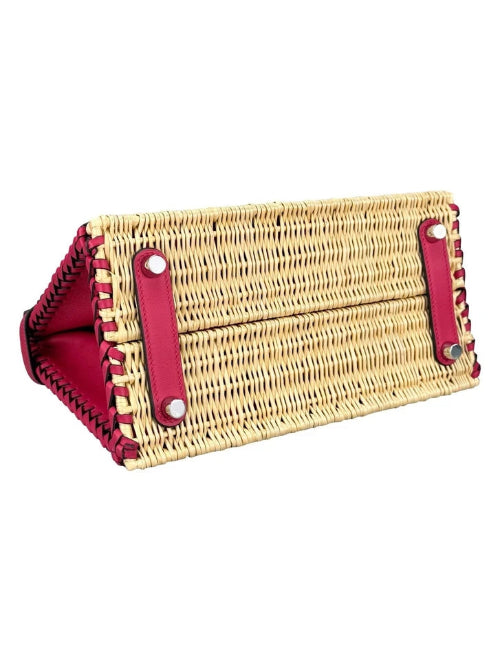 Woven clutch with red accents on a white background