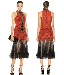 Red and black dress with intricate patterns, front and back views, on a white background.