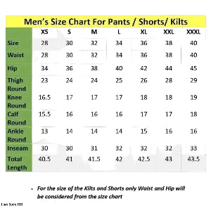 Men's size chart for pants, shorts, and kilts with measurements in centimeters.