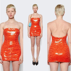 Orange strapless dress shown from front, side, and back on a model against a white background.