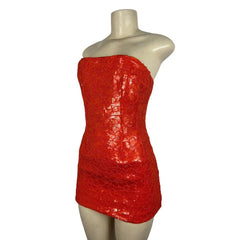 Red strapless dress on a mannequin against a white background