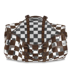 Checkered patterned bag with brown accents on a white background