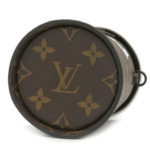 Round brown leather case with Louis Vuitton monogram pattern on a white background