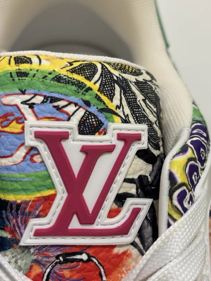 Colorful patterned shoe with a prominent 'LV' logo on a white background